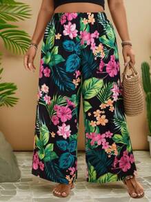 Travachic Plus Size Summer Vacation Tropical Print Elastic Waist Loose Pants Flowy Beach Boho Rave Country Concert Festival Brunch Graduation Old Money - Multicolor - View 7