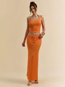 SHEIN BAE Bộ 2 món/Bộ áo crop top dây mảnh màu cam kết cấu trơn và váy dài cạp trễ cho nữ, trang phục nghỉ dưỡng cho mùa xuân/hè - trái cam - Xem 3