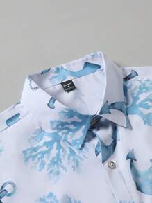 Manfinity RSRT Set de 2 piezas camisa de manga corta y pantalón corto casuales de vacaciones con estampado de ancla y coral para hombres