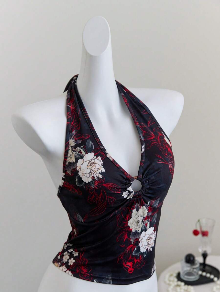 Elamini 女式夏季度假花卉印花O形环褶饰胸前露背吊带短款上衣