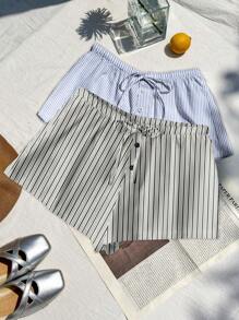 Comfortcana Bộ 2 quần short thắt nút đơn giản cho nữ, phù hợp cho mùa hè, họa tiết sọc - Nhiều màu - Xem 5