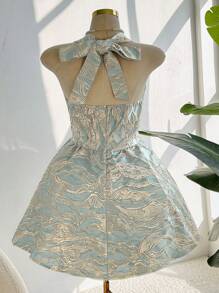 Chiquease Vestido elegante sin mangas de jacquard con nudo en la espalda para el verano - Verde - Ver 2