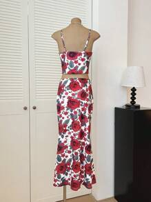 INAWLY 女士优雅花卉印花吊带背心和迷你裙两件套，夏季