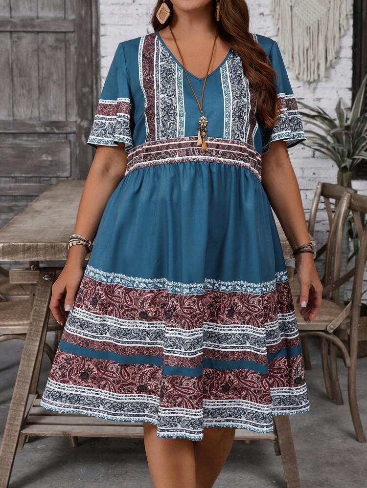 Plus Size Women's Bohemian Country Vacation Positioning Print V-Neck  Knee-Length Dress Suitable For Spring And Summer Vacation Outfits Beach  Outfits For Woman Beach Vacation Outfits Beach Dress Vacation DressEmery  Rose