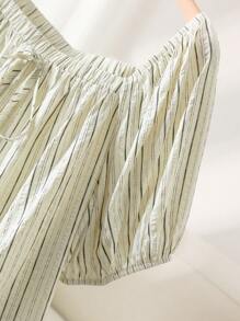 CosyJoli Plus Size Casual Striped Square Neck A-Line Puff Sleeve Shirt - Grey - View 3