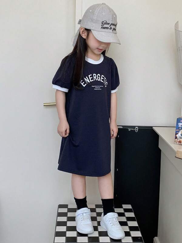 DAZY Summer Casual Color-Blocking Letter Print Dress For Young Girls