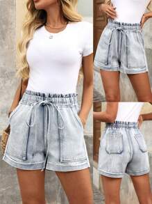 EMERY ROSE Women's Casual Washed Drawstring Waist Denim Shorts For Summer - Blue - View 1