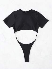 Swim Lushoire 夏季海滩纯色环扣式连体泳衣 - 黑色 - 查看 4