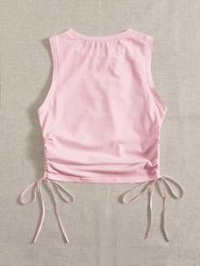 SHEIN EZwear Atasan Tank Top Rajut Kasual Wanita Ukuran Plus, Leher Bulat, Tali Serut Samping, Warna Pink, Cocok untuk Acara Keluar Rumah - Berwarna merah muda - View 2