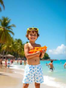 SHEIN Young Boy Shell & Seashell Print Beach Shorts Swimsuit - Baby Blue - View 1