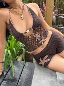 Aloruh Conjunto de 2 piezas de mujer con top halter con aplicación de estrella de mar de unicolor y falda mini de cintura elástica baja a crochet para vacaciones, fiesta en la piscina, vacaciones en la isla, luna de miel, playa en otoño/invierno