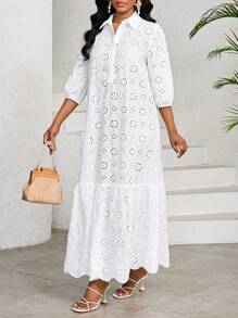 SHEIN Lady Women's Long Solid Color Eyelet Embriodery Dress, Fashionable For Summer White Dresses For Women,Dresses For Women Summer - White - View 4