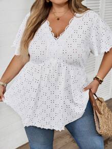 SHEIN CURVE+ 大码女式纹理 V 领蕾丝拼接 T 恤/大码 T 恤夏季/乡村/海滩度假装/沙滩装/沙滩装