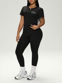 Rhythm Era 2pcs Women Casual Fitted Short Sleeve Top And Skinny Leggings Set, For Spring/Summer, Plus Size Sports Outfit