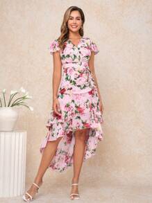 Ellevyn 女式 V 领裹身荷叶边袖花卉印花雪纺褶皱 A 字高低连衣裙，优雅日常浪漫春夏长裙 - 彩色 - 查看 2