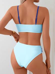 Swim Lushoire 2pcs/Set Women's Tricolor Splice Adjustable Strap Top With Gold Metal Bead Decor And Waist Brown Decor Belt Matching Regular Triangle Bikini Bottom Mature Swimsuit Set For Summer Beach Vacation - Blue - View 2