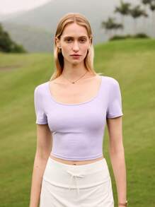 Summer Minimalist Solid Color Round Neck Short Sleeve Slim Fit Active T-Shirt - Baby Blue - View 2