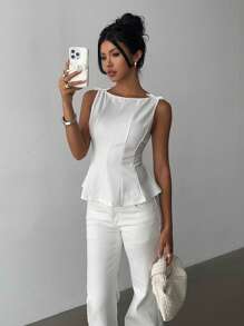 Aloruh 女士日常休闲商务简约复古风格纯色教师上衣外出背心优雅极简无袖衬衫，适合办公室通勤、毕业季、返校季等场合。 - 白色 - 查看 7