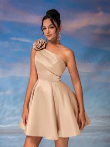 Lovelzi Elegante y lujoso vestido mini de fiesta con asimetría de volantes y flores 3D de color rosa loto - Albaricoque - Ver 5