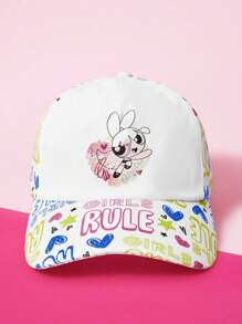THE POWERPUFF GIRLS X SHEIN Letter & Blossom Pattern Adjustable Baseball Cap - White - View 1