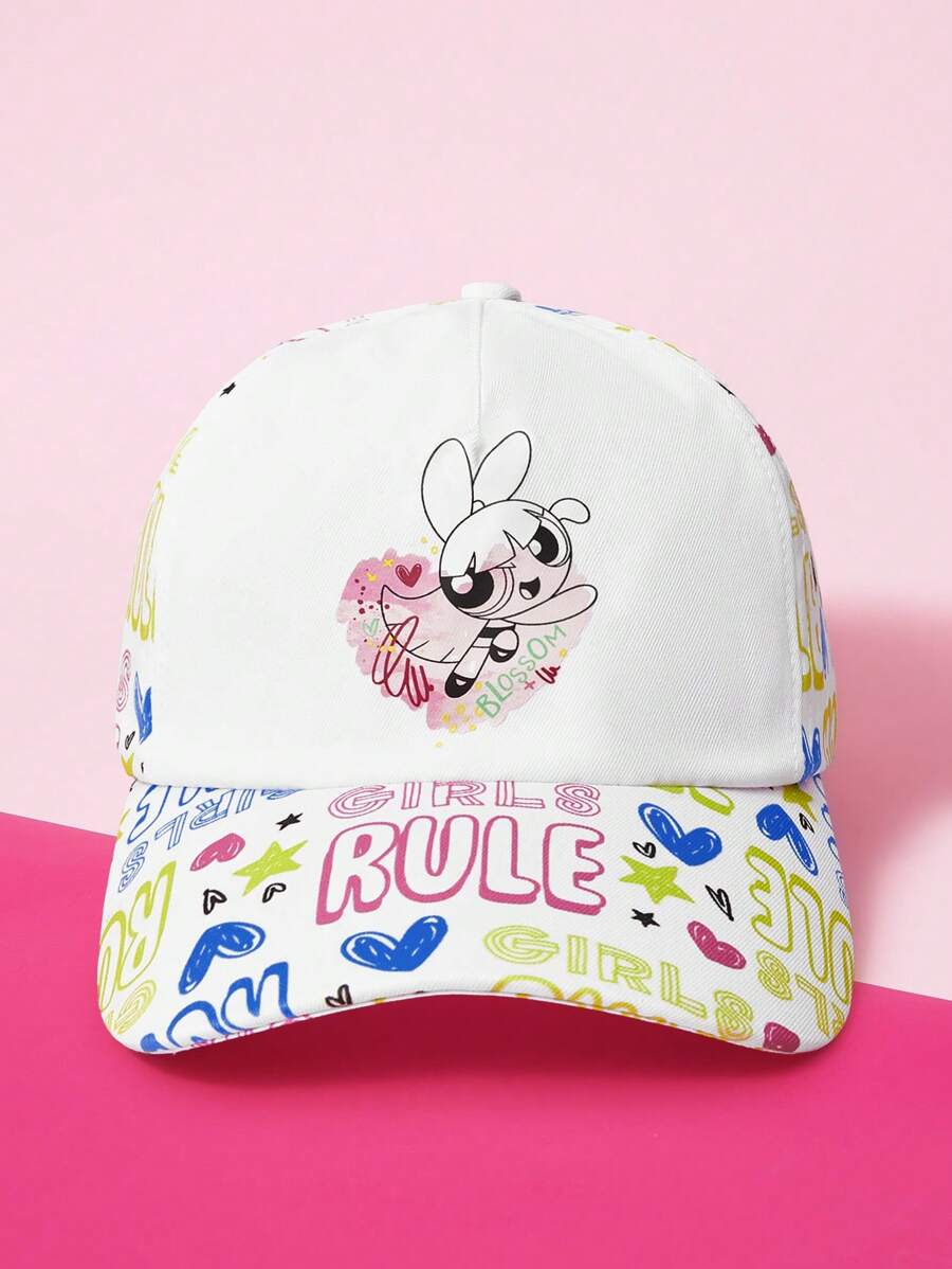 THE POWERPUFF GIRLS X SHEIN Letter & Blossom Pattern Adjustable Baseball Cap - White - View 1