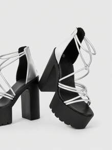 ROMWE Grunge Punk 女式厚底高跟交叉踝带银色凉鞋，哥特朋克风格圆头细带露趾时尚鞋，适合夏季、万圣节 - 銀色 - 查看 4