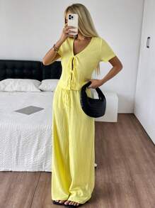 Comfortcana Women's Butter Yellow Knit Textured Short Sleeve Top And Pants Set, Vacation Two Pieces Set - Yellow - View 7
