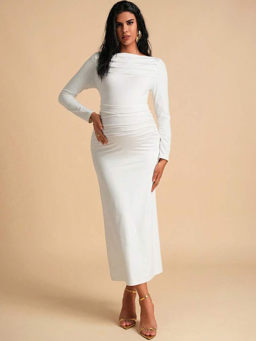 MaterniChic 孕妇长款优雅纯色紧身连衣裙 - 白色 - 查看 1
