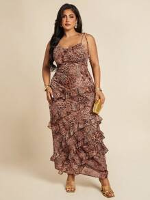 SHEIN X Scheana SHEIN BAE 夏季海滩度假豹纹荷叶边蛋糕连衣裙，适合日常约会、夜间外出、夜总会、派对、聚会、泳池派对、返校季服装、返校季服装、节日连衣裙女装、音乐节服装、乡村音乐节服装、演唱会服装 - 彩色 - 查看 4