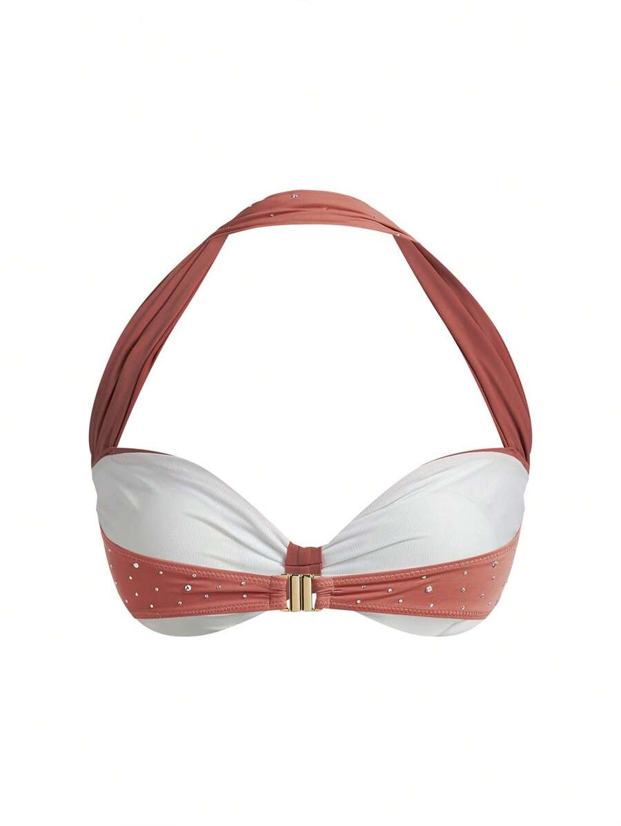 MOTF PREMIUM RHINESTONE GATHERED BIKINI TOP FOR SUMMER BEACH VACATION - Beige - View 2