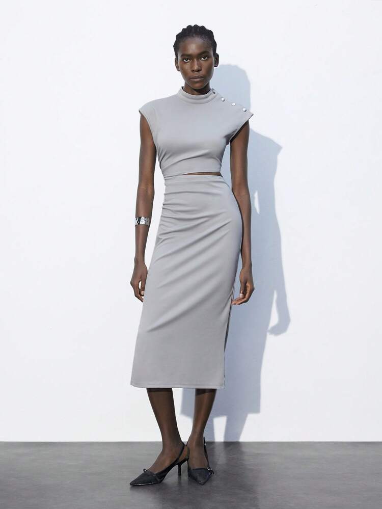 SHEIN Maija Women's Solid Color Stand Collar Hollow Out Slit Dress