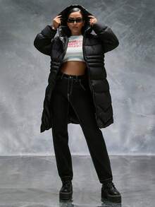 CasuGlow Áo khoác dài mùa đông có mũ trùm đầu màu trơn có túi và khóa kéo cho nữ - màu đen - Xem 6