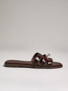 SHUZIA Luxe Essentials Women's Gold Lock Stitching Detail Square Toe Flat Glossy Pu Coffee Slide Sandals-Sophisticated, Elegant & Stylish Valentine's Day - Coffee Brown - View 4