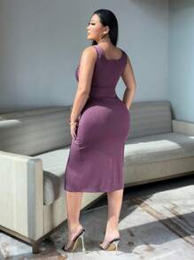 SHEIN LUNE Plus Size Women's Solid Color Square Neck, Side Slit Hem, Fitted Camisole Dress - Purple - View 3