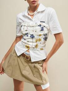 Muvela Elegant Women Floral Print Ruffle Trim Cropped Tank Top, Cute Summer Wear - Multicolor - View 3