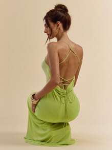 SHEIN BAE 夏季海滨度假女士露背绿色亮片网眼优雅鱼尾长裙 - 綠色 - 查看 5