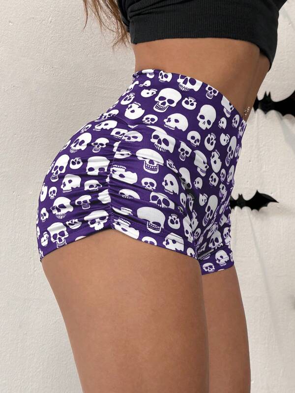 SHEIN EZwear Halloween Skeleton Print Short Ruched Leggings For Women