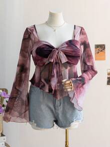 Soleia 大码女式返校甜心领喇叭长袖娃娃装上衣，度假风 - 紅色 - 查看 5