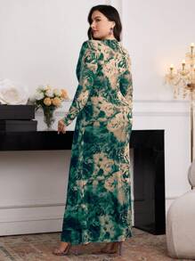 Modelyn Vestido largo elegante de manga larga con estampado floral y cintura fruncida para mujer de talla grande - Verde - Ver 2