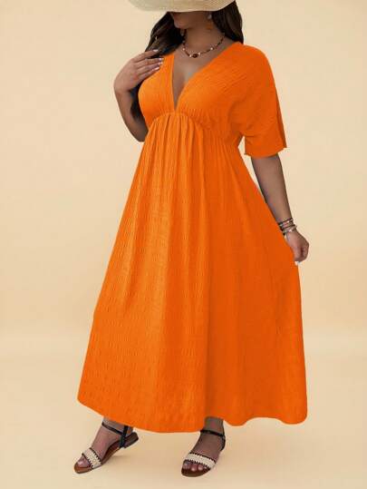 Travachic Plus Size Kvinnor V-hals Kort ärm Enfärgad Elegant Klänning