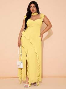 SHEIN BAE 大码女式优雅绿色长款高开叉荷叶边下摆连衣裙，适合春夏季日常穿着，雪纺层叠荷叶边胸罩杯结构吊带长裙，海滩度假连衣裙，演唱会连衣裙，婚礼宾客连衣裙 - 黃色 - 查看 4