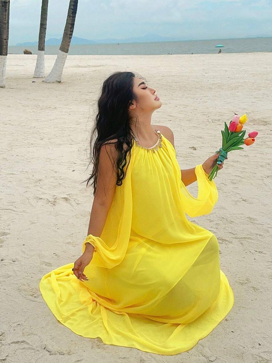 Sunnyshic Robe d'été sans manches en mousseline de soie jaune vif avec décoration coquillage pour femmes grande taille - Jaune citron - Voir 1