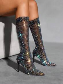 CUCCOO SZL Women's Rhinestone Embellished Sexy Pointed Toe Mid-Calf Boots For Christmas - Black - View 5