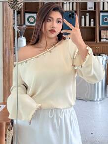 Dazy Plus 1pc Loose-Fit Solid Color Asymmetircal Neck Shell Decor Long Sleeve Blouse - Apricot - View 7