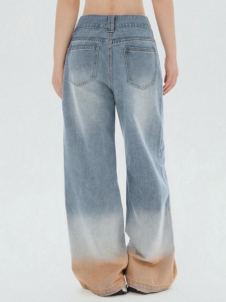 Light-Colored Washed Blue Ombre Wide-Leg Jeans, Casual Loose Fit, All Season