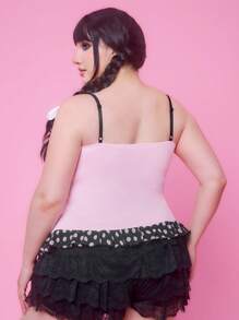 ROMWE Kawaii Cute Y2K Style Polka Dot Ruffle Hem Plus Size Camisole & Tank Top - Pink - View 8