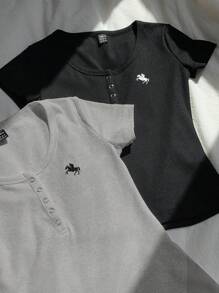 Comfortcana 2pcs/Set Solid Henley Neck Embroidered Slim Fit Short Sleeve T-Shirts, Summer - Grey - View 4