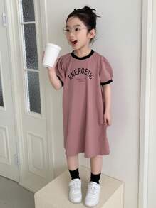 Dazy Kids 年轻女孩夏季字母印花圆领短款泡泡袖休闲连衣裙 - 淺粉色 - 查看 3