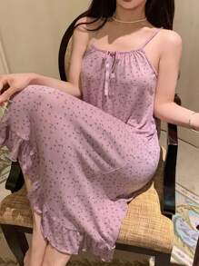 DAZY Đầm ngủ nữ họa tiết hoa xếp nếp nơ trang trí - Màu tím - Xem 6