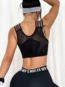 Easithlete Women's Black Mesh Sports Bra Crop Top With Multi-Strap Design. This Breathable Athletic Activewear Offers 4-Way Stretch For Yoga, Gym Workouts, And Daily Fitness. - Black - View 2